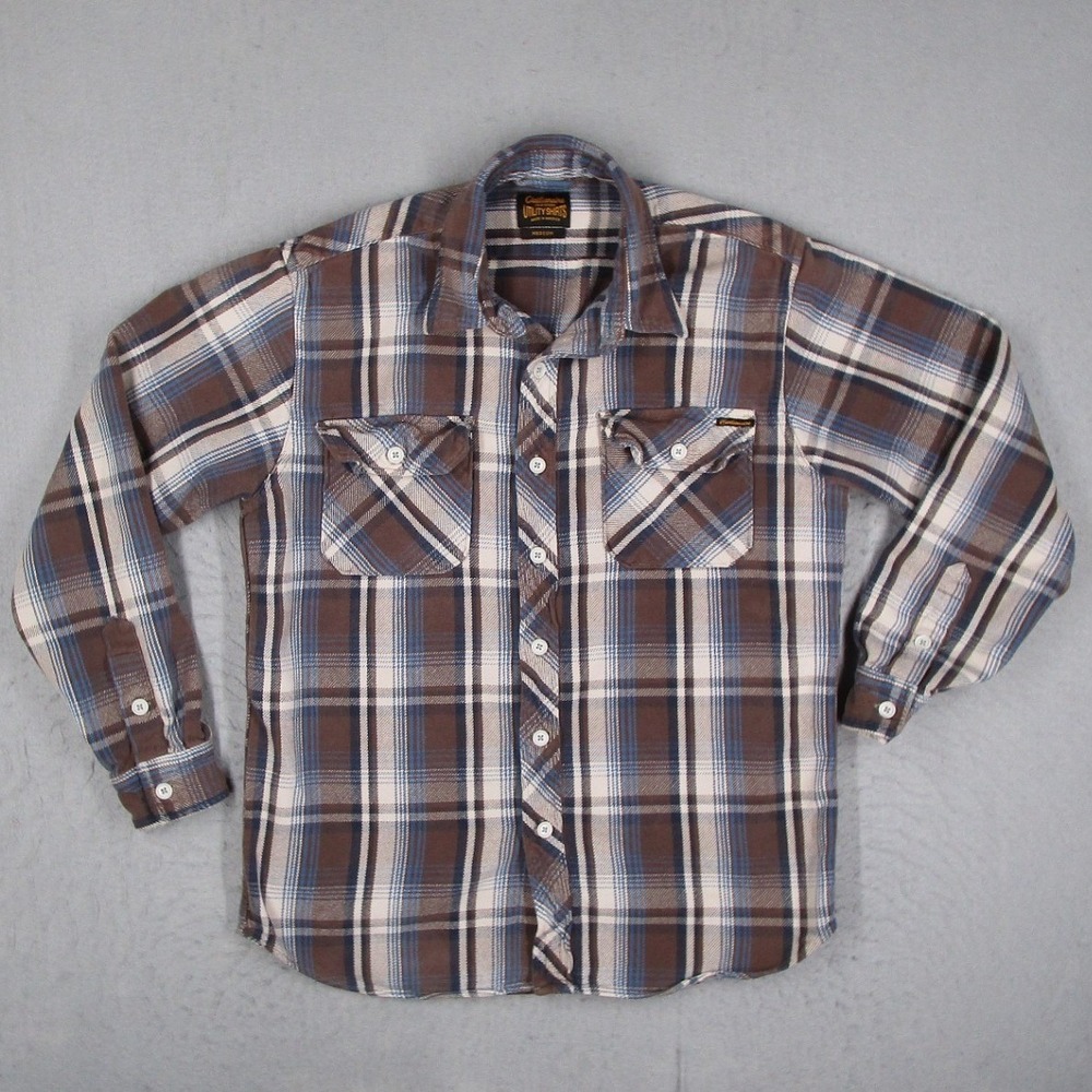 Civilianaire Utility Shirts Mens Medium Brown Blue Plaid Flannel Button Up USA